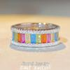 S925 Sterling Silver Rainbow Zircon Ring - Women's Multicolor Full Diamond Design