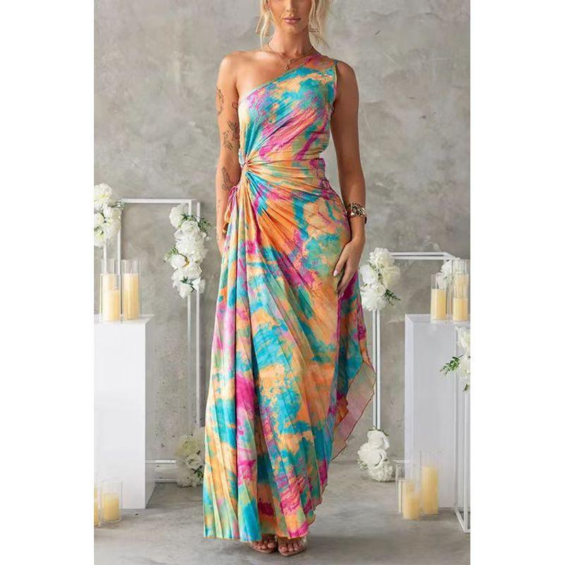 

One Shoulder Dress Summer European and American Women Design Lace-up Folding Print One Shoulder Sleeveless Dress Color S