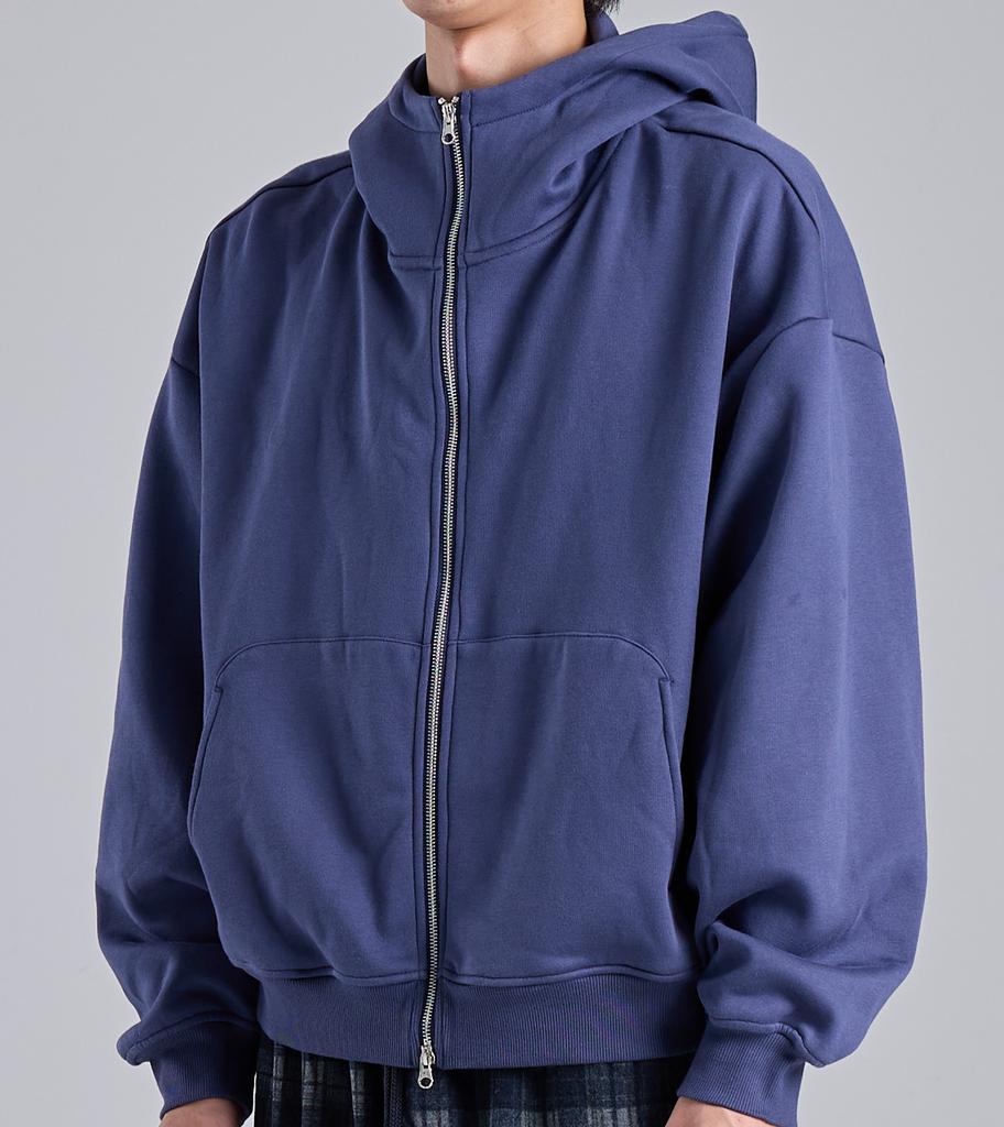 Button Seoul Two-Way Minimal High-Neck Cotton Zip-Up Hoodie (Navy)