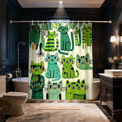 1PC Funny Green Hand-painted Graffiti Cat Shower Curtain, Waterproof Bathroom Partition Privacy Hanging Curtain