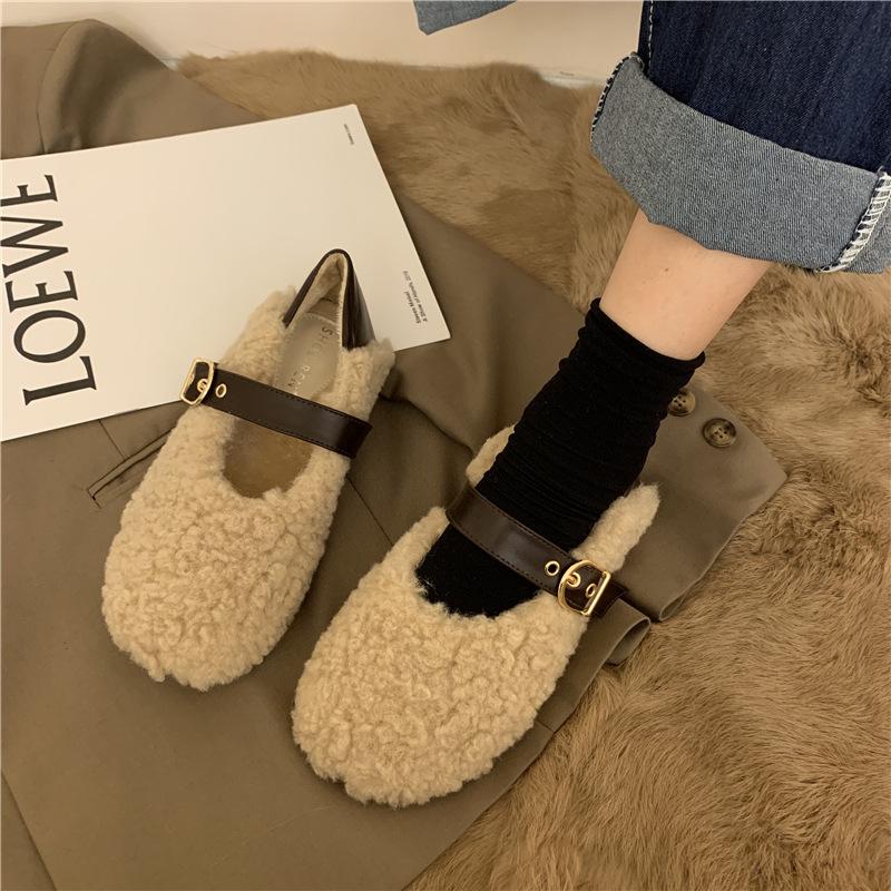 Fashion Lambswool Moccasins Femme Metal Buckle Belt Plush Flats Warm Cotton Loafers Curly Sheep Fur Mary Janes Winter Shoes Women 2025
