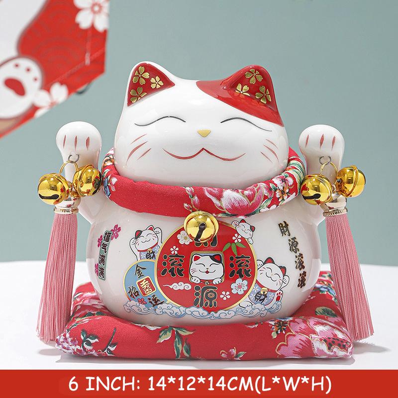 6 inch Ceramic Fortune Cat Money Bank Maneki Neko Lucky Cats Statues Porcelain Happy Smiling Cat Figure Feng Shui Decor Ornament