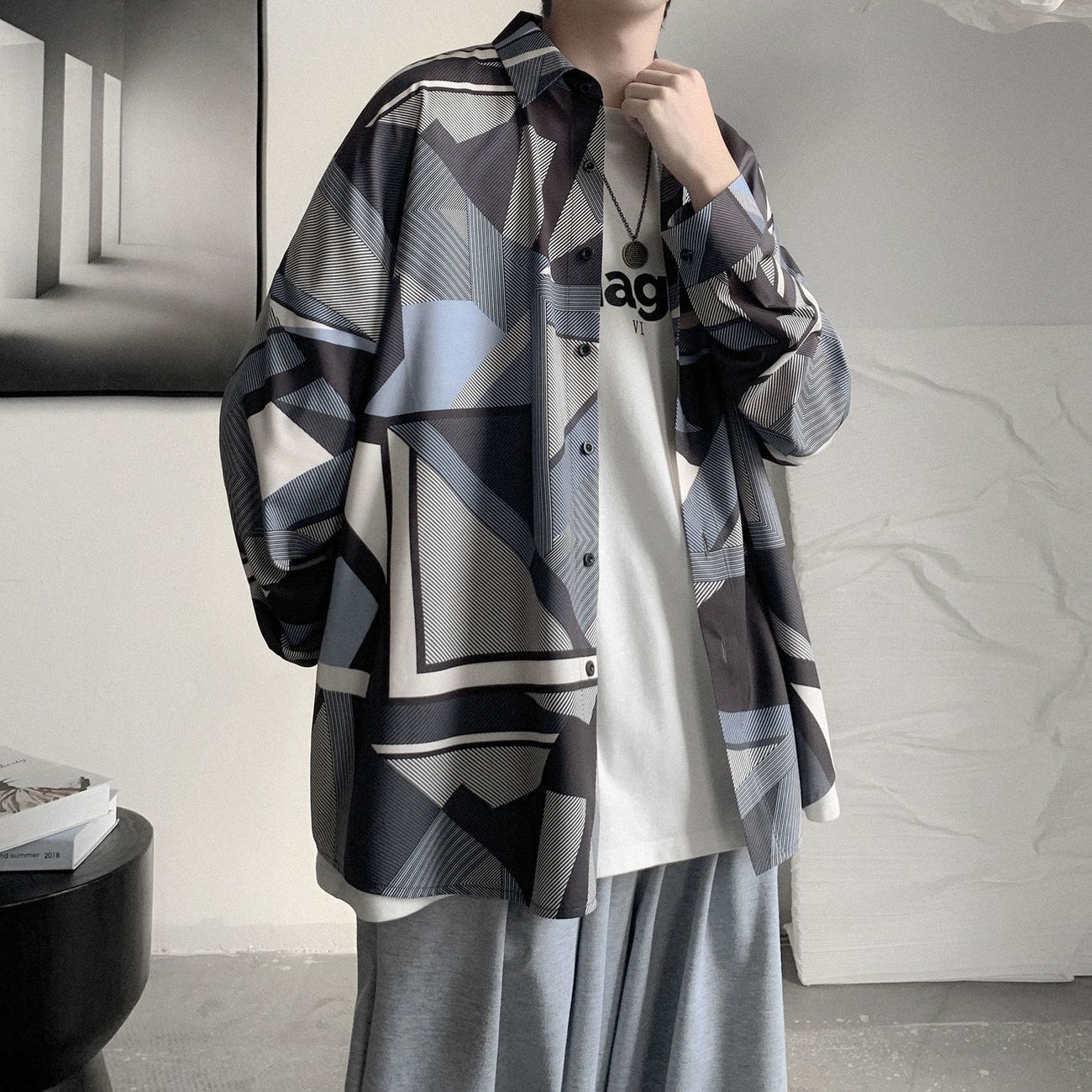 

Long Sleeve Turn-down Collar Shirts Loose Printing Handsome Spring Summer Thin Fashion Casual Streetwear Button Men s Clothing L синий