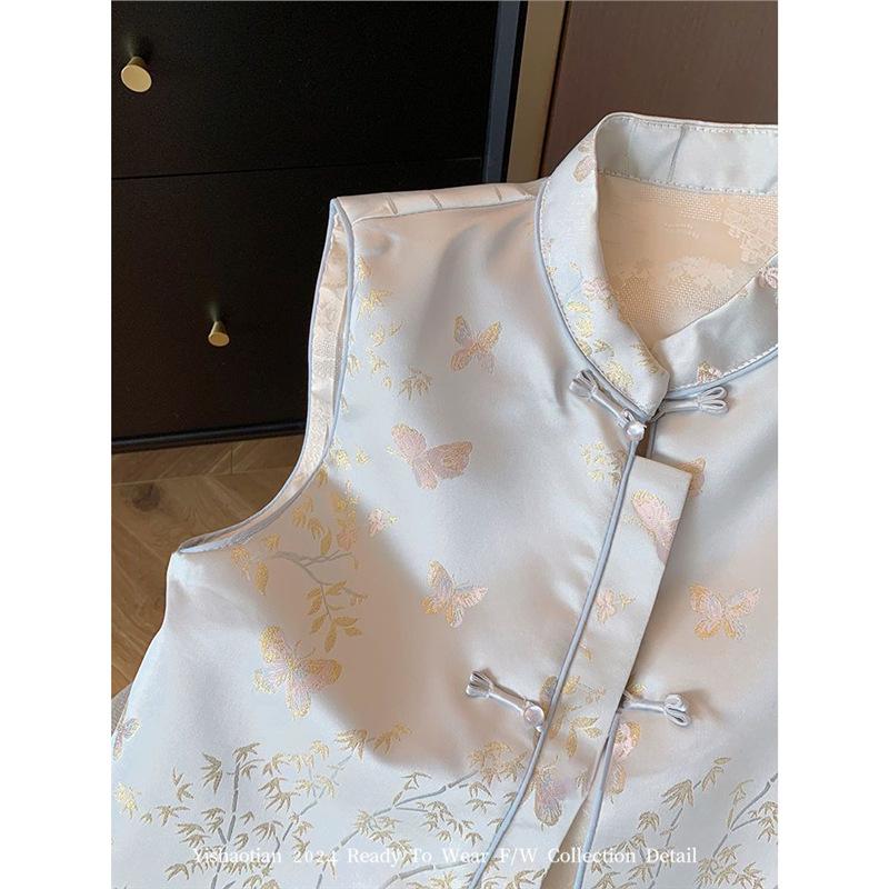 Early spring new high-end temperament vest vest jacquard disc buckle stand-up collar vest women's stacking fashion