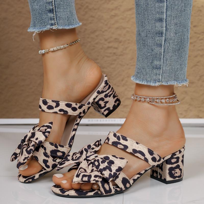 Women's Square Head Shallow Mouth Leopard Print Suede Butterfly Knot Anti-slip Wear-resistant High Heels