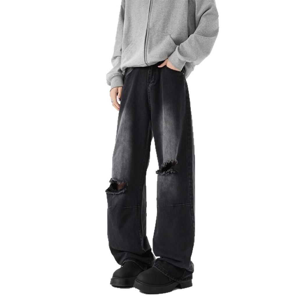 American street ripped jeans men's spring retro washed old straight pants large size design beggar pants