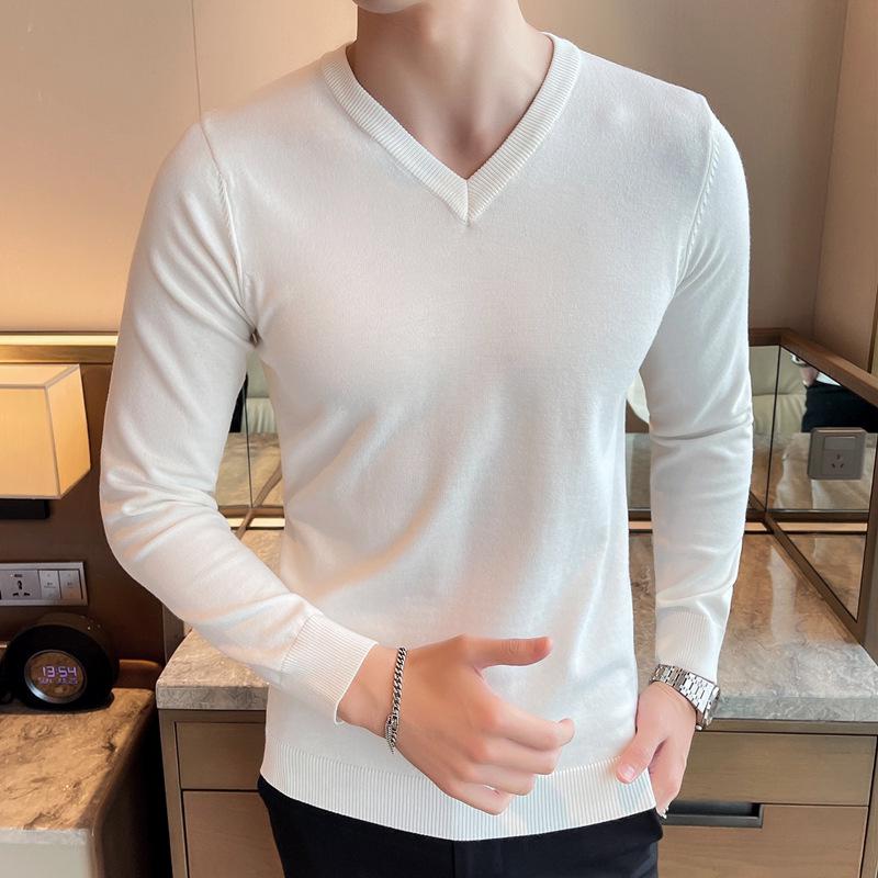Men's Autumn-Winter V-Neck Slim Fit Woolen Sweater - Solid Color Long Sleeve Knitwear