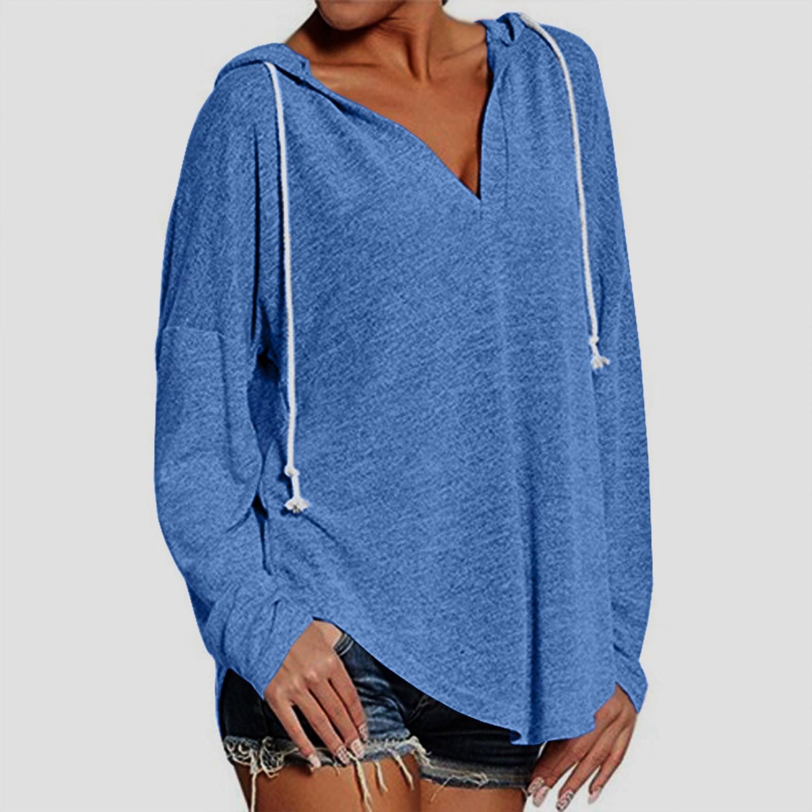 

Женский модный легкий однотонный топ с длинными рукавами и капюшоном на шнурке M синий