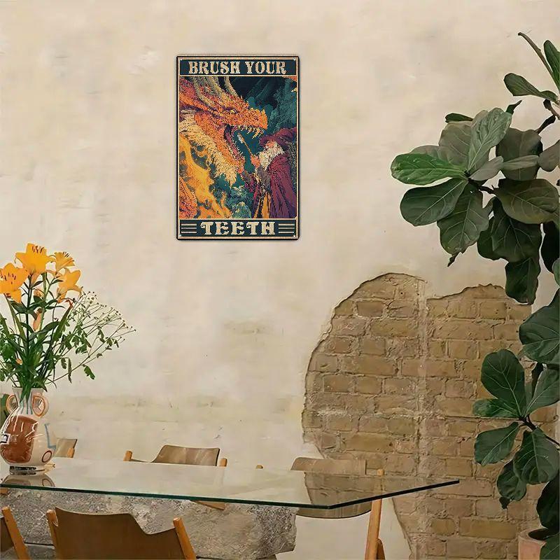 Brush Your Teeth Dragon Tin Sign Vintage Metal Tin Signs Wall Decor for Living Room Backyard Garden Garage Bar Retro Metal Sign