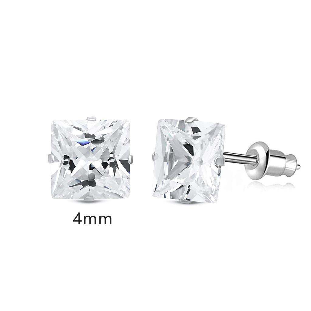 2 Stylish Stainless Steel 4 Claw Square Cubic Zirconia Stud Earrings For Men And Women 4/5/6/7mm Zircon Stud Earrings