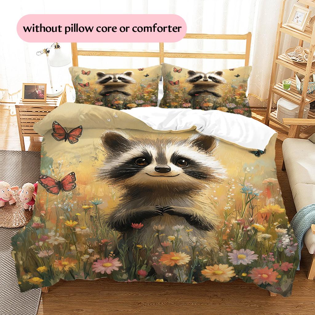 Raccoon and Flowers Pattern Bedding Home Decoration Birthday Gift (1 * duvet cover + 2 * pillowcase, without core)