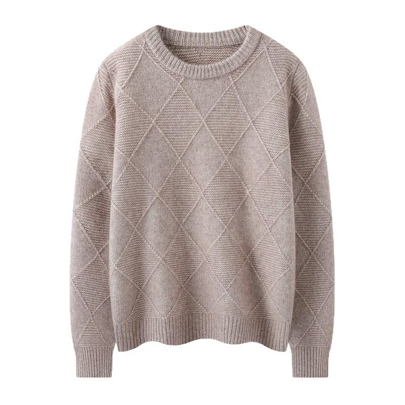 Autumn And Winter New Cashmere Sweater Women'S Round Neck Thickened Rhombus Jacquard Sweater Casual Knitted Cashmere Bottoming Shirt Top