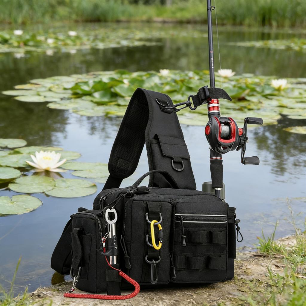 Men Oxford Cloth Sling Bag with Adjustable Widen Straps Fanny Packs Multi-Compartment for Fishing Gear Lure Hooks & Accessories