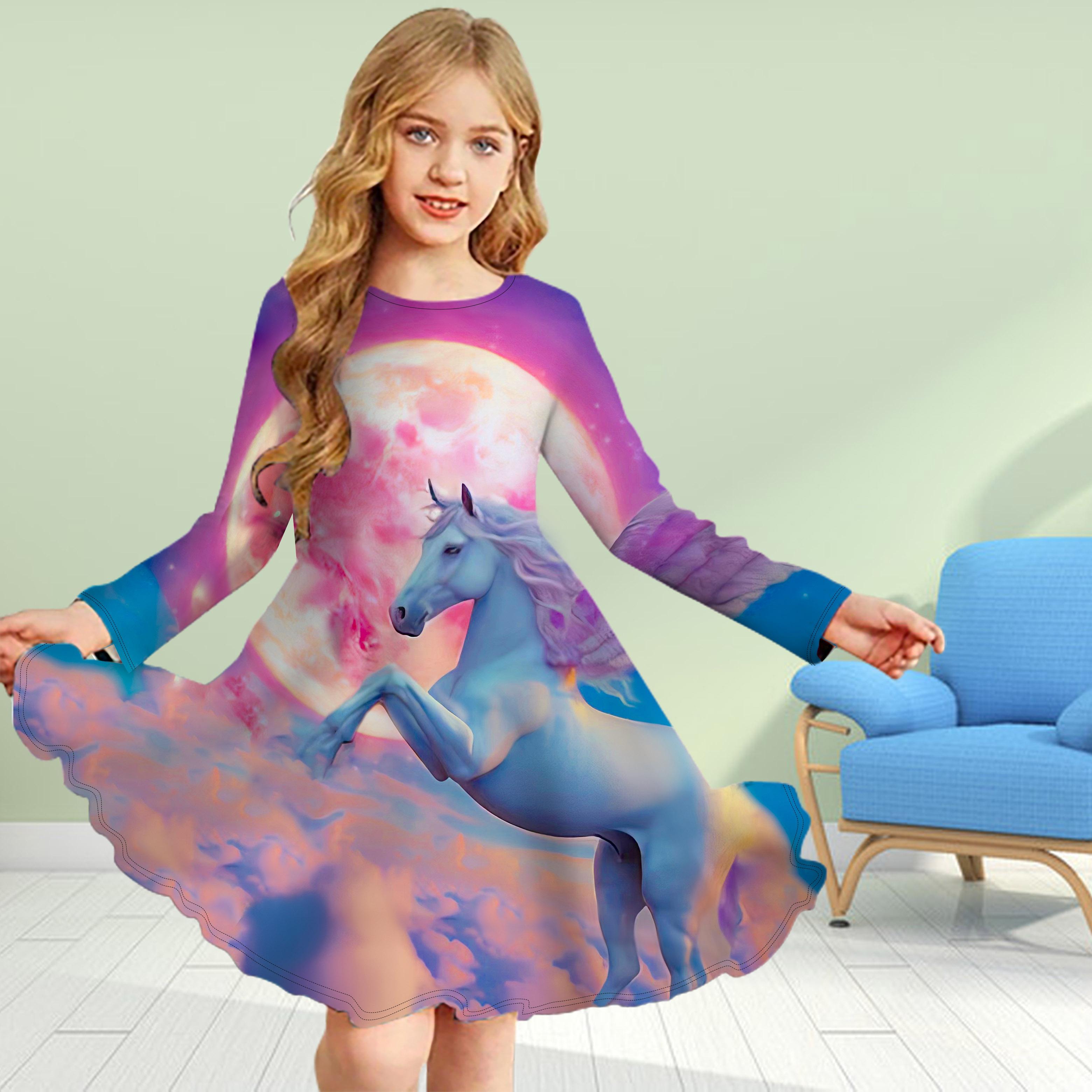 

Повседневное платье для девочек с 3D-принтом и принтом «Атака робота-единорога», с круглым вырезом и длинными рукавами, детское платье принцессы 180 светло-синий