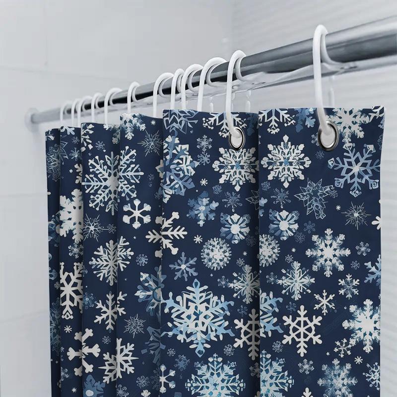 Winter Snowflake Shower Curtain Christmas Decor For Bathroom, Navy Blue With White Flakes 72X84 Inches Waterproof Fabric 1 Piece
