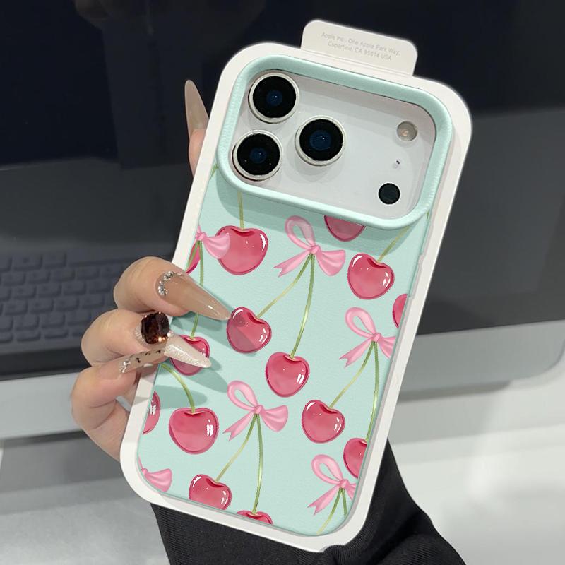Custodia con Motivo di Frutti di Ciliegia Cristallini e Fiocchi per iPhone 17 Pro Max Copertura Morbida in Silicone con Texture in Pelle per iPhone 16 15 14 13 Pro 12 11 16E Air
