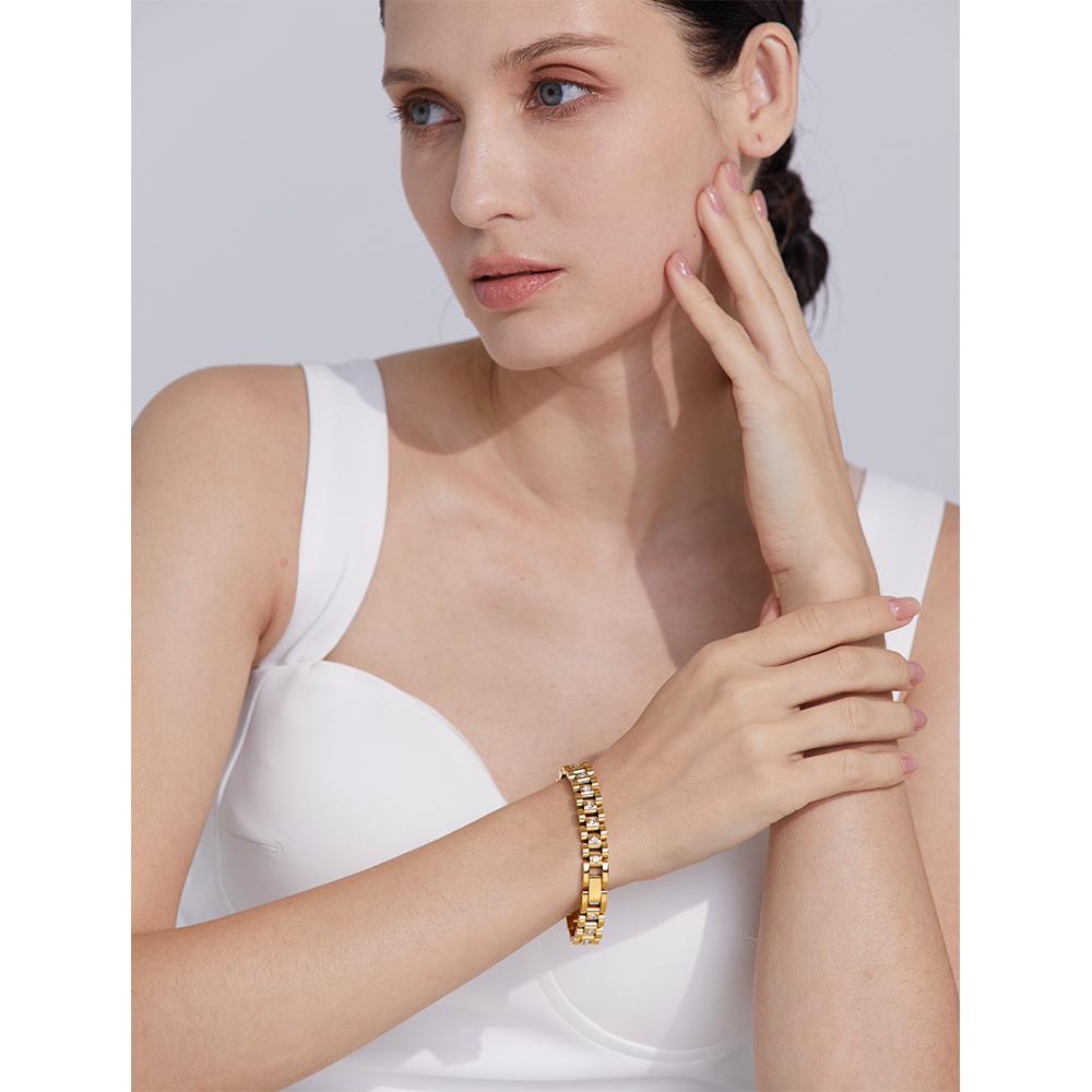 Yhpup 18cm Stainless Steel Imitation Pearls PVD Gold Plated Thick Cuban Chain Charm Bangle Bracelet Fashion Jewelry Wome