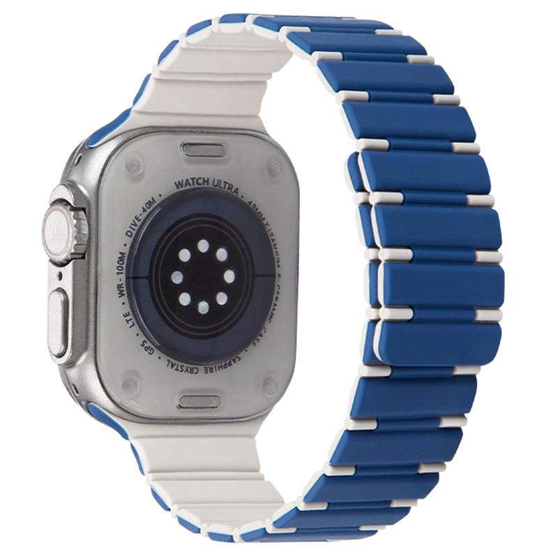 

For Apple Watch Series 10 42mm/9 8 7 41mm/SE (2023) SE (2022) SE 6 5 4 40mm/3 2 1 38mm Dual Color Magnetic Silicone Watch Strap Dark Blue+White
