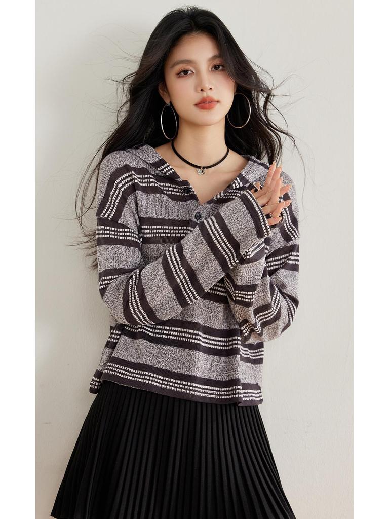 Women's 2025 Striped Hooded Loose Knitwear - Spring & Autumn Petite Top