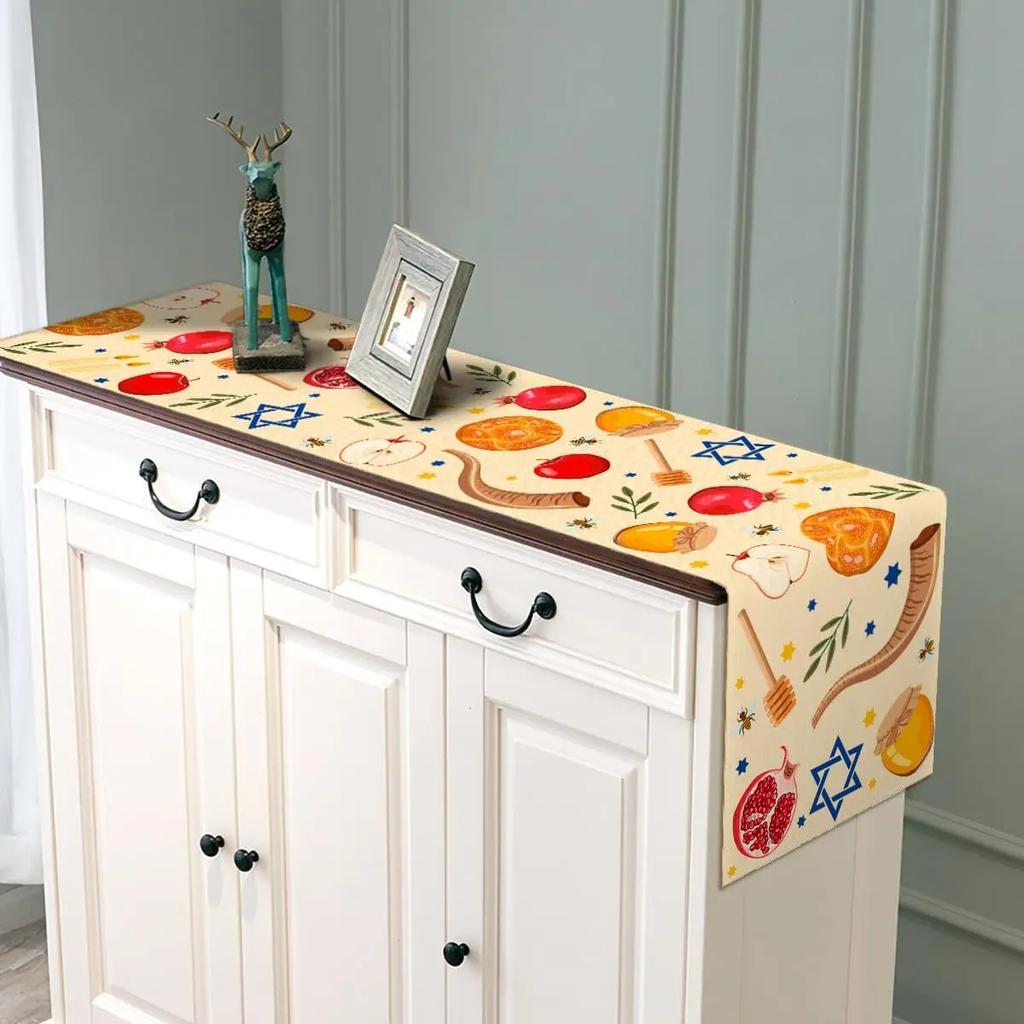 Shana Tova Linen Table Runners Kitchen Dining Decor Rosh Hashanah Jewish New Year Festival Holiday Table Runner Party Decoration