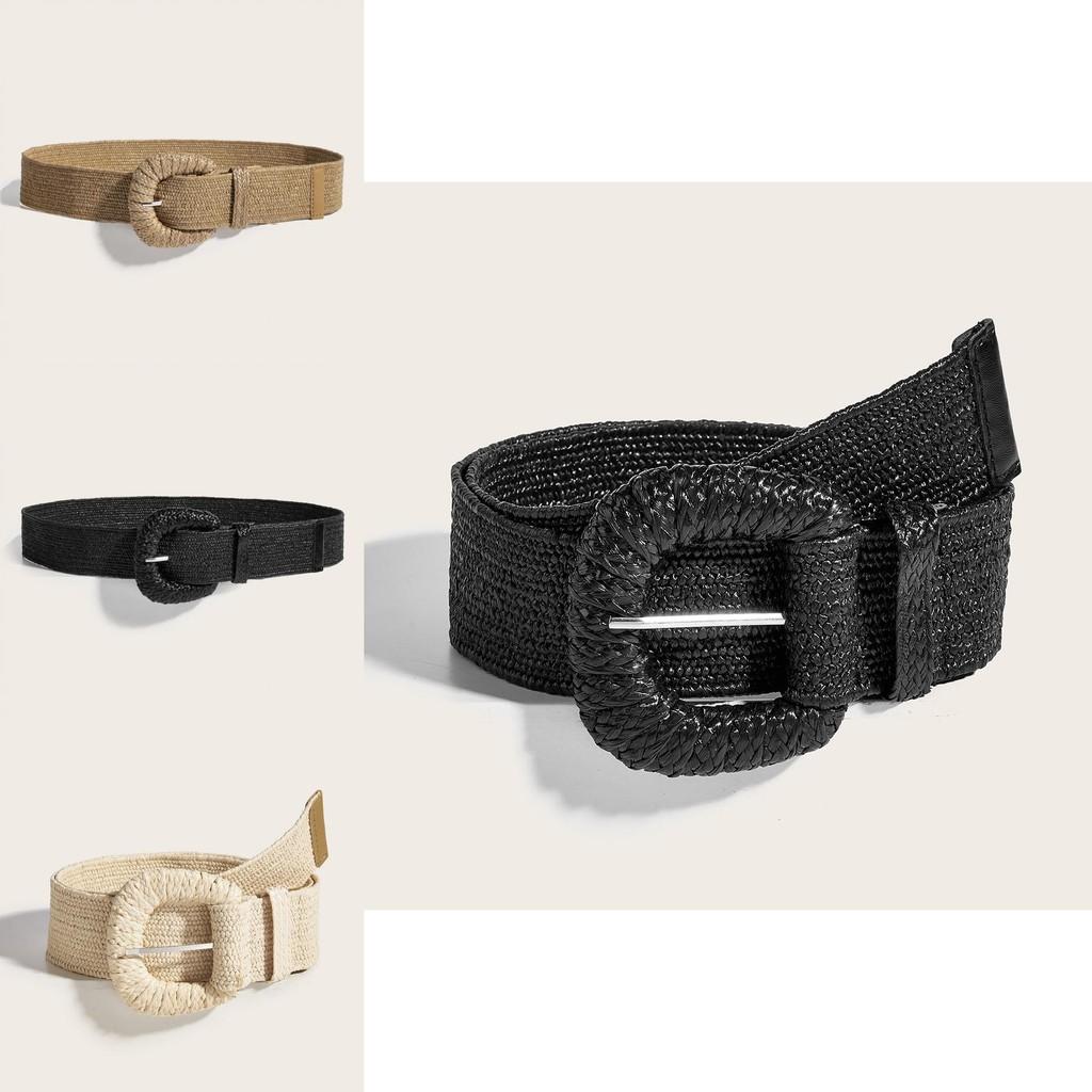 Vintage Cotton Linen Pp Grass Braid Belt With Round Buckle For Casual Dress Accessory