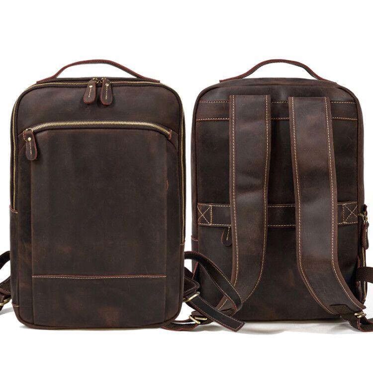Vintage Travel Backpack leather double zipper bagpack male crazy horse leather backpack handmade leather travel bag men bag