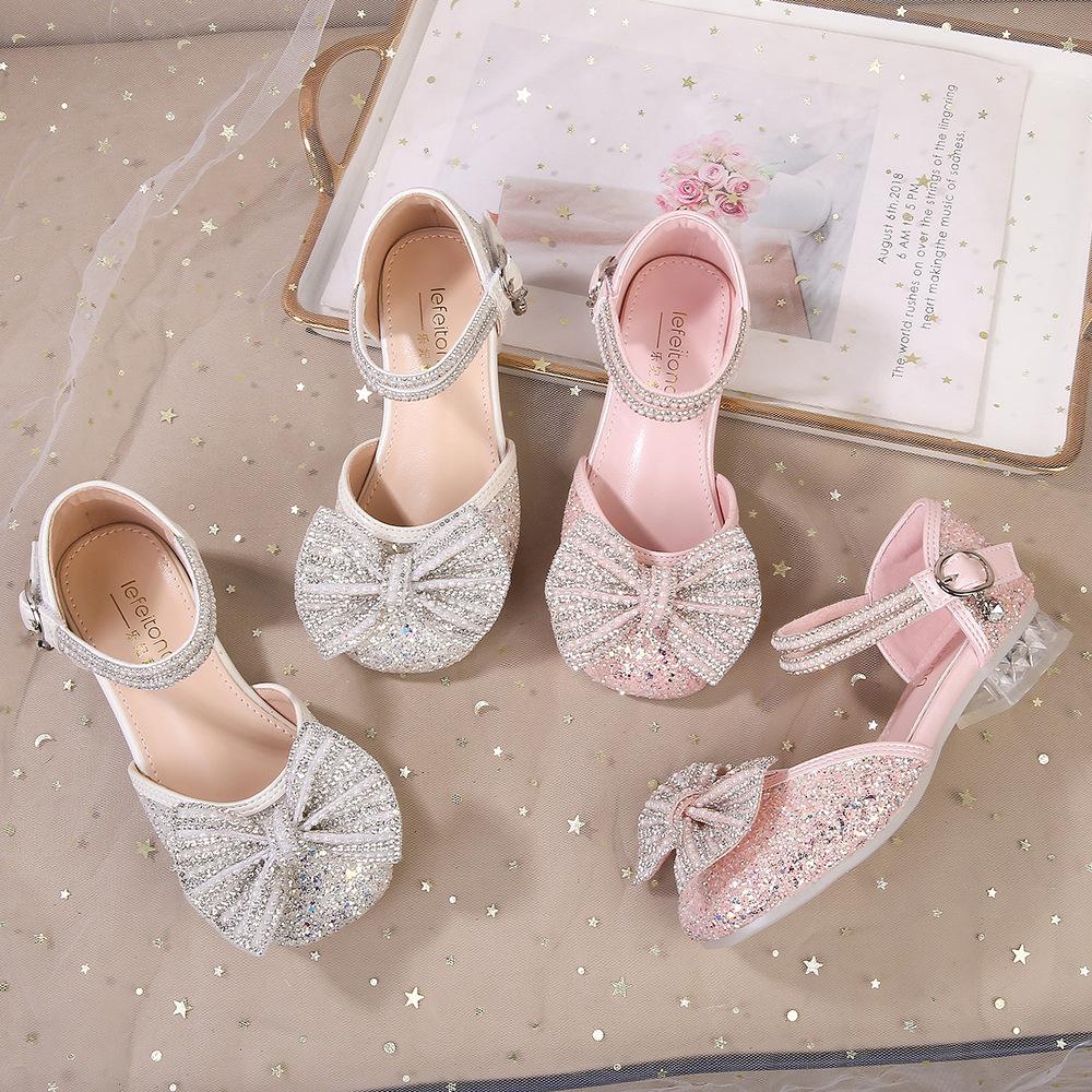 Girls' Sandals silver High Heels Summer New Transparent Soft Sole Bow Girls' Princess Shoes Women's Leather Shoes