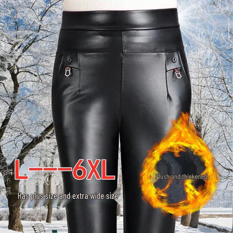 Mom's High-Waisted Leather Pants: Winter Plus Velvet Straight-Leg Style for Middle-Aged & Elderly Women