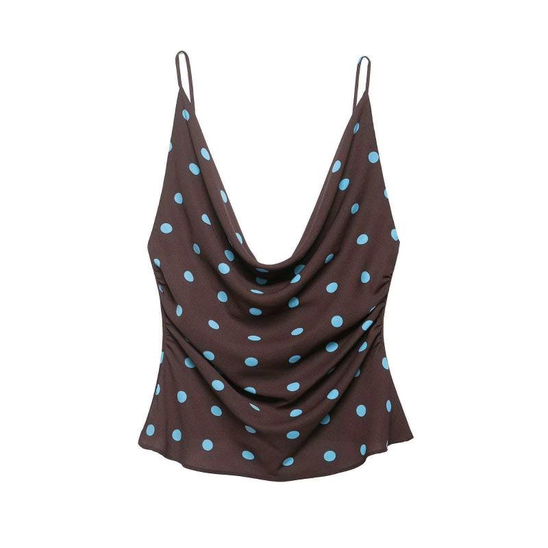 Retro Blue Polka Dot Spaghetti Strap Tank Top for Women - Summer 2026 Collection L