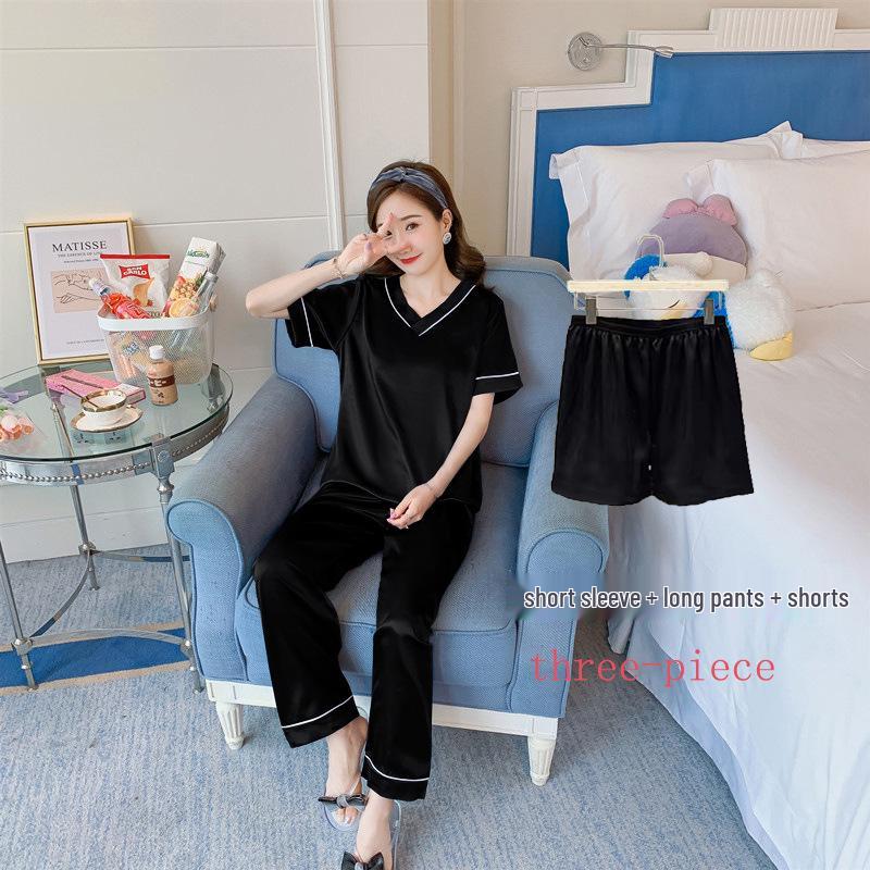 Women's Short Sleeve Faux Silk Ice Silk Pajama Set with Lapel - European Size