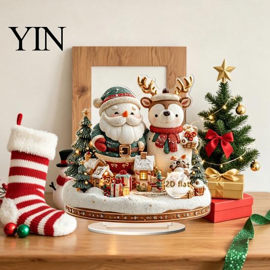 Seasonal Home Accents Christmas Village Houses Table Decoration, Snow Scene Patterns 2D Acrylic Santa Claus Hanging Decor Ornament, Decorative