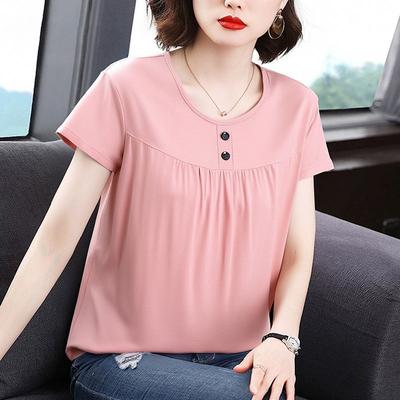 Large Size Women's Fashion Casual Short-sleeved T-shirt Women's Thin Summer New Design Button-neck T-shirt