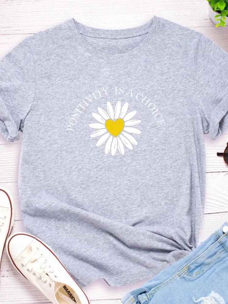 Positivity Is Choice Daisy Print Women T Shirt Short Sleeve O Neck Loose Women Tshirt Ladies Tee Shirt Tops Camisetas Mujer
