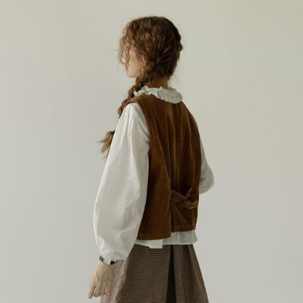 All Match Vintage Corduroy Vests Brown Cropped Sleeveless Jacket Button-up Short Coats  Ladies