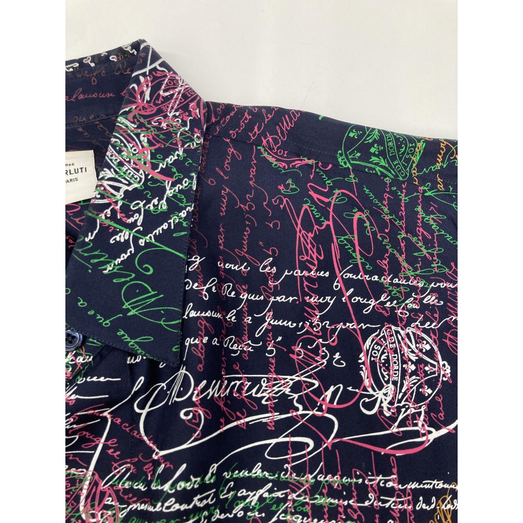 berluti Multicolor Calligraphy Silk Long Sleeve Shirt tops 39 multicolorUsed