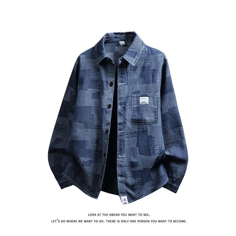 

Denim jacket men s and women s season loose plaid shirt lapel jacket couple s casual top 3XL
