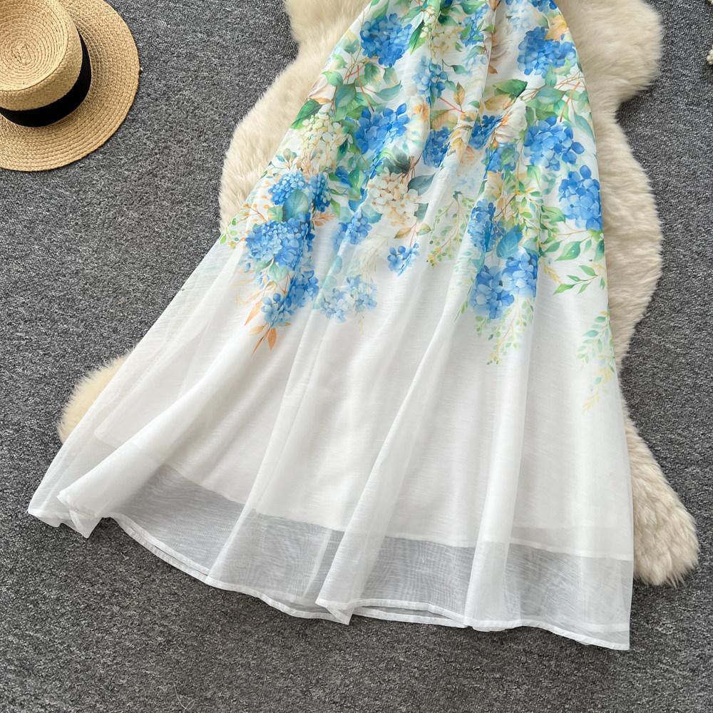 Vacation style V-neck lace-up waist printed dress women's summer new lotus leaf sleeves slim temperament commuter dress