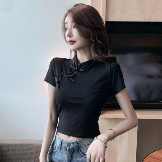 

2025 Summer Trendy Sexy Navel-Baring Qipao Top Women s Short-Sleeved T-Shirt L (102-115 Jin)