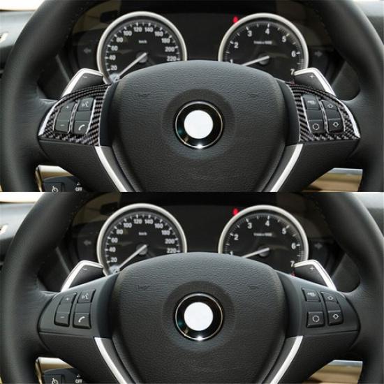 2Pcs Carbon Fiber Steering Wheel Button Cover Trim For BMW X5 E70 X6 E71