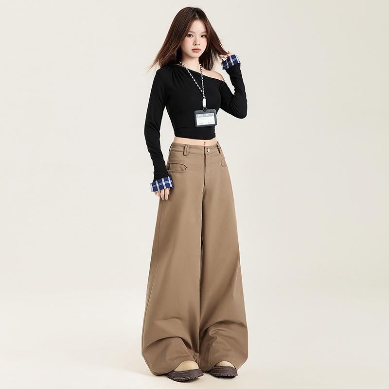 Women Khaki Wide Leg Pants Maillard Style Spring Autumn Loose Straight Draped Floor Length Casual Trousers