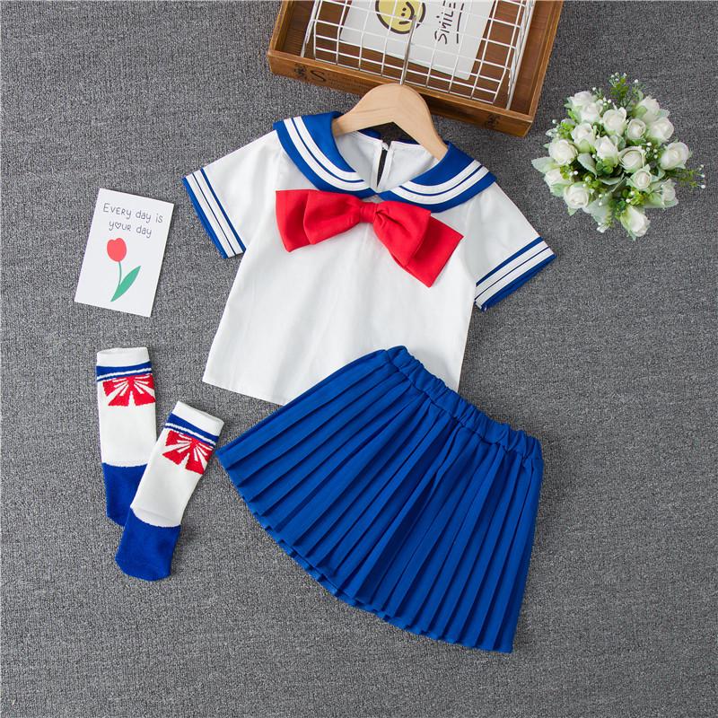 

Лето 2023 г., женский комплект из двух частей в студенческом стиле: Юбка принцессы JK с короткими рукавами и складками 140 cm