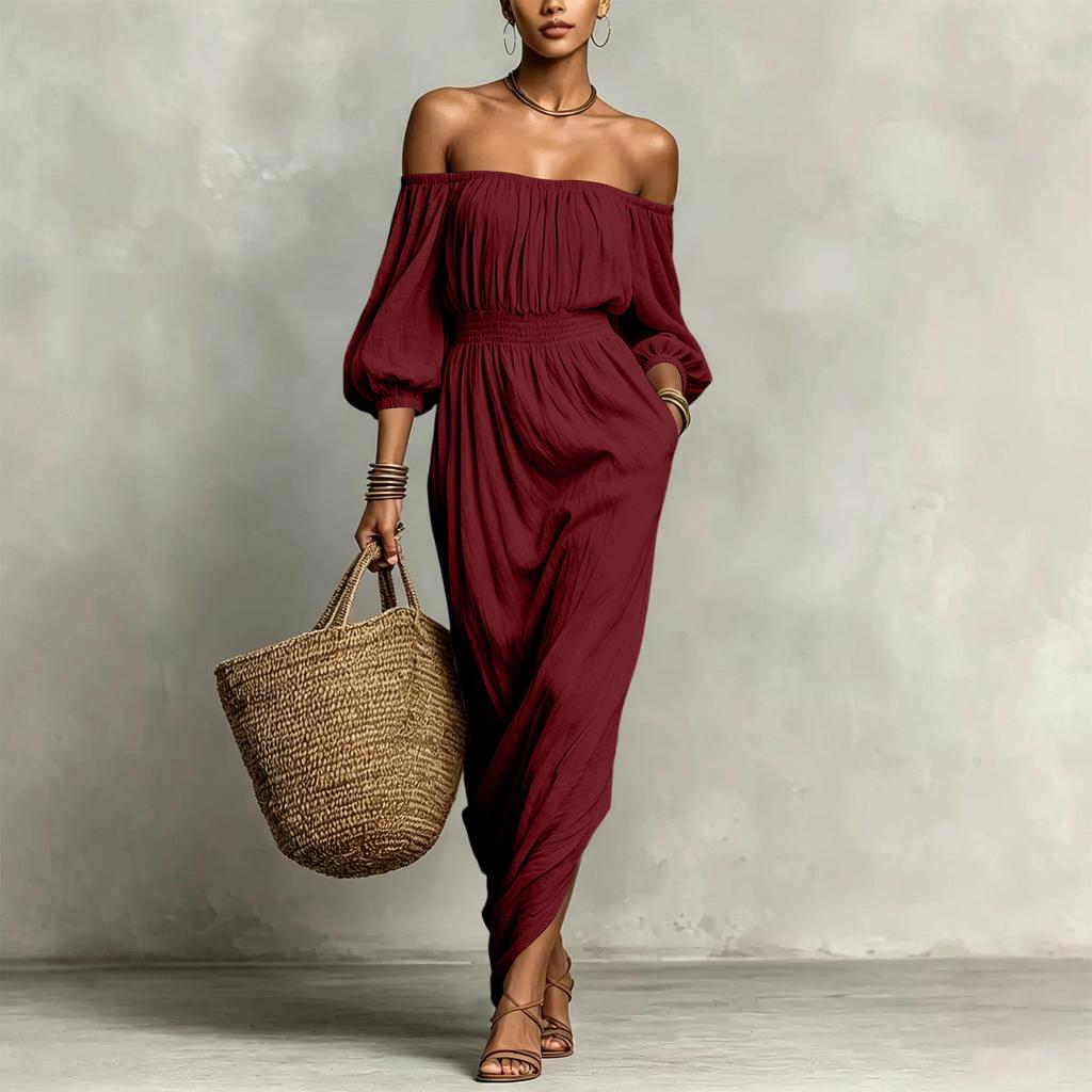 Vestido Casual de Color para Mujer con Hombros Descubiertos para Vacaciones