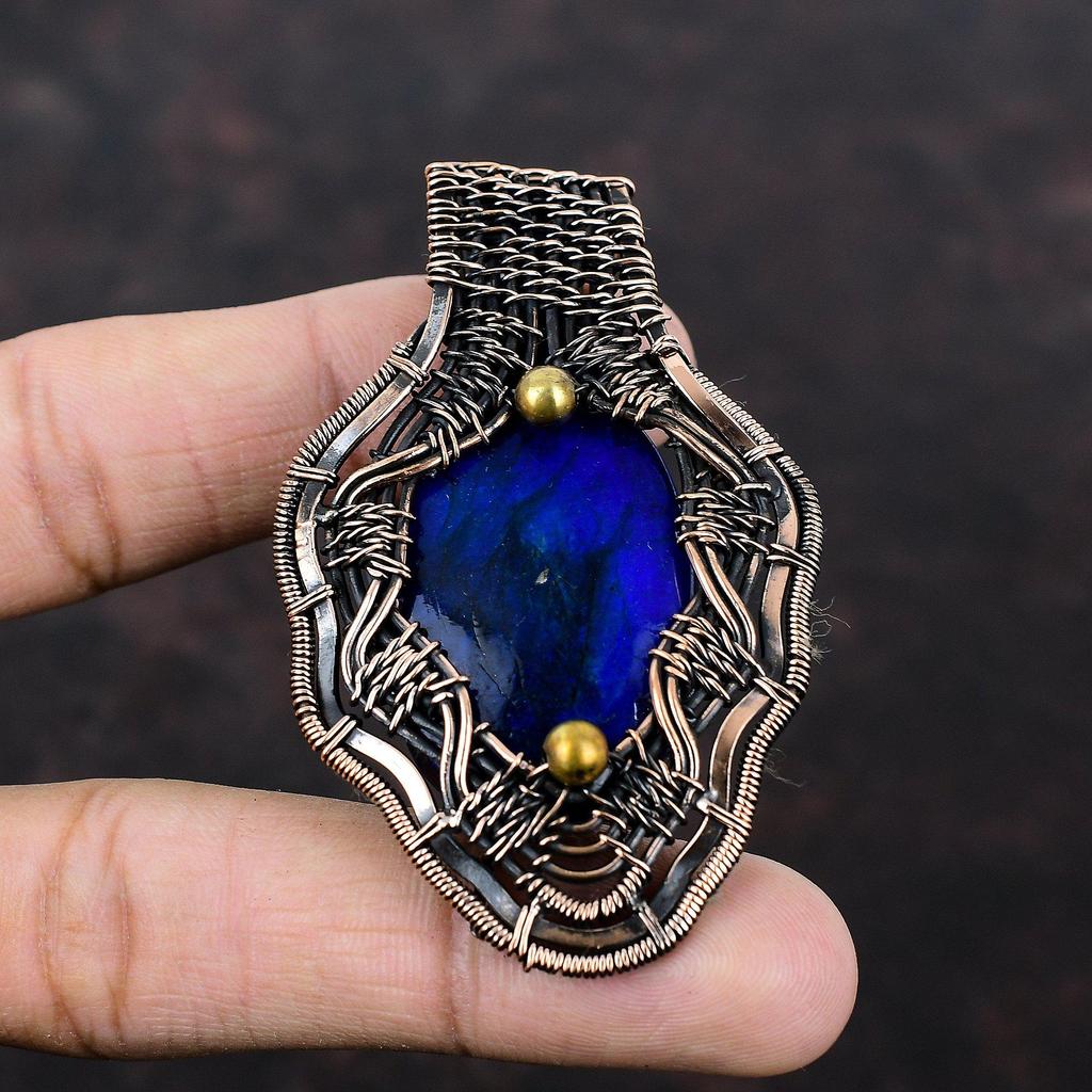 Handcrafted Wire Jewelry Blue Fire Labradorite Pendant Copper Wire