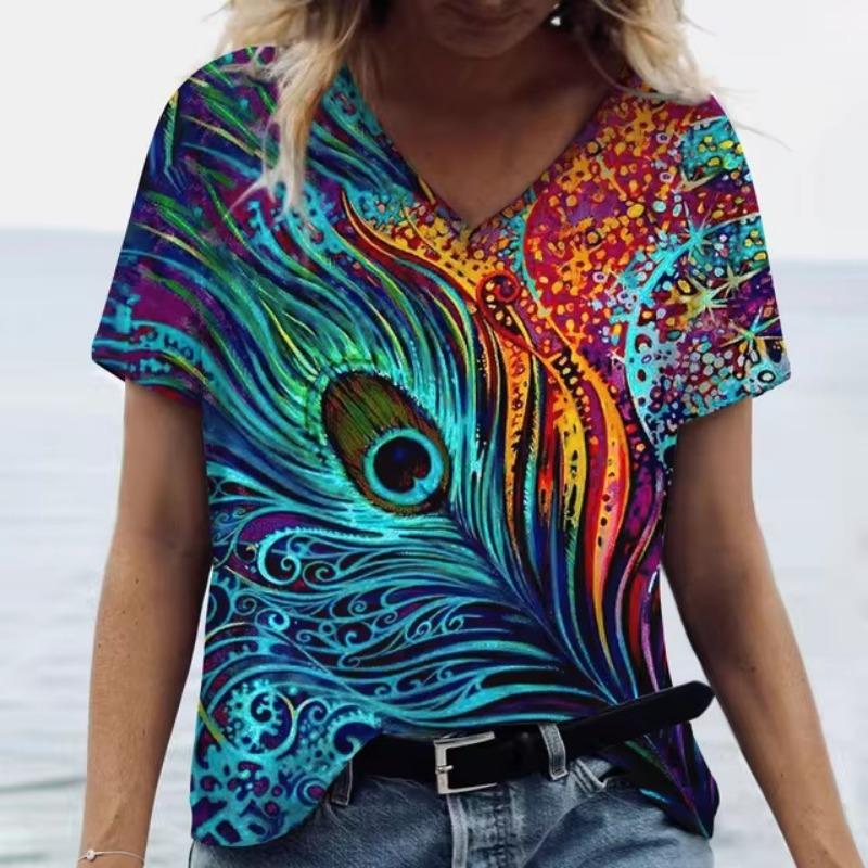 Summer V Neck Women T-Shirts 3D Print Peacock Feather Graphic Fashion Short Sleeve Harajuku Y2k Top Oversized Casual Female T Shirt