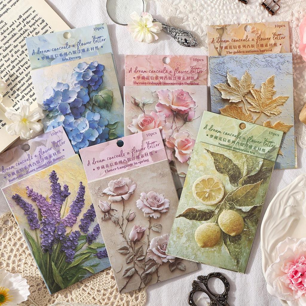 10pcs Relief Aesthetic Flowers Materials Paper DIY Scrapbooking Junk Journal Collage Photo Album Retro Background Paper
