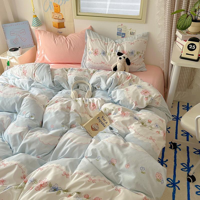 Cream Pure Cotton 4 Piece Bed Sheet Set Washable All Cotton Duvet Cover Pillowcase Class A 3 Piece Set Soft Comfortable Bedding