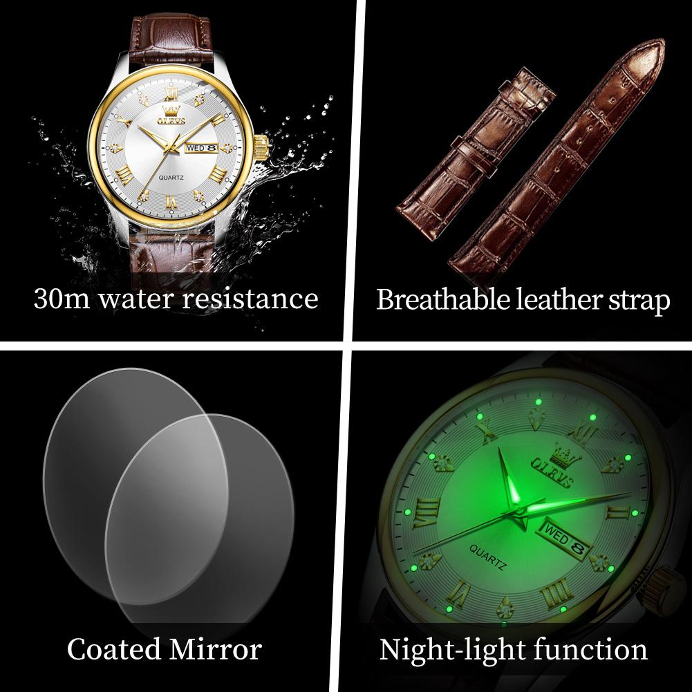 OLEVS 3649 Fashion Sports Leather Calendar Luminous Classics Waterproof Quartz Watch for Man