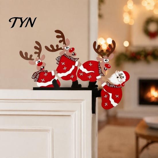 Creative Christmas Door Ornament Frame Corner Decor, Wooden Santa Reindeer Topper Winter Festive Decoration Ornament, Table EdgeDecoration for