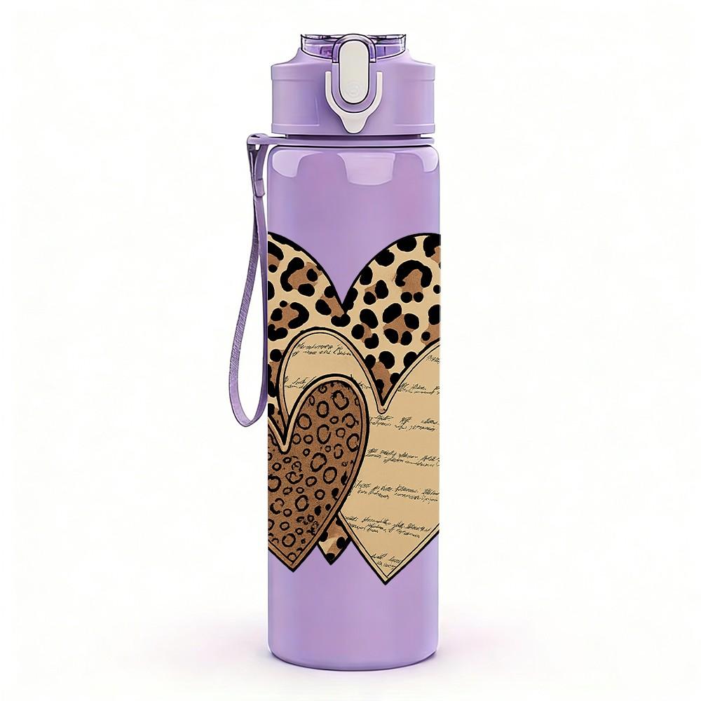 1PC Leopard Texture Twin Hearts 750ml Color Plastic Sports Water Bottle Leakproof Flip Straw Lid For Sports Office Home Use