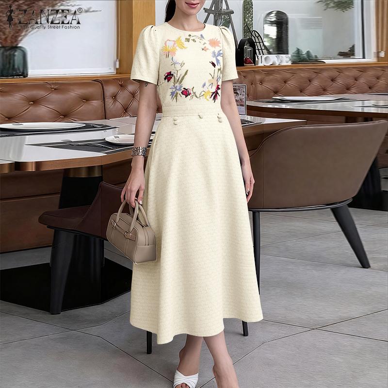 ZANZEA Dámské ležérní šaty s kulatým výstřihem, letní, s krátkým rukávem, s květinovým potiskem